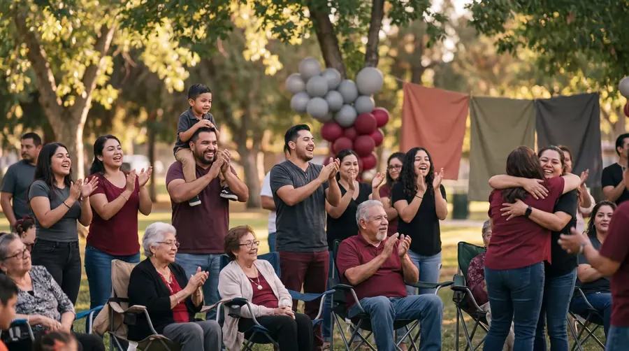 Encuentro comunitario en un parque con familias reunidas y aplaudiendo