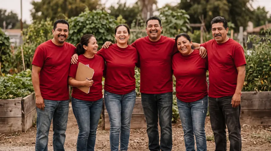 Grupo de voluntarios con camisetas rojas abrazados en un huerto comunitario